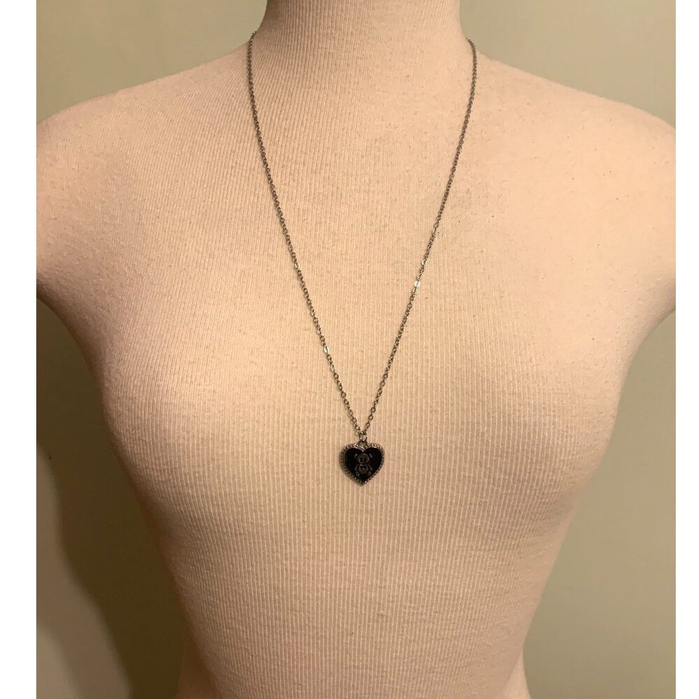 Charming Teddy Bear Heart Pendant Necklace  – Silver Tone with Black Enamel